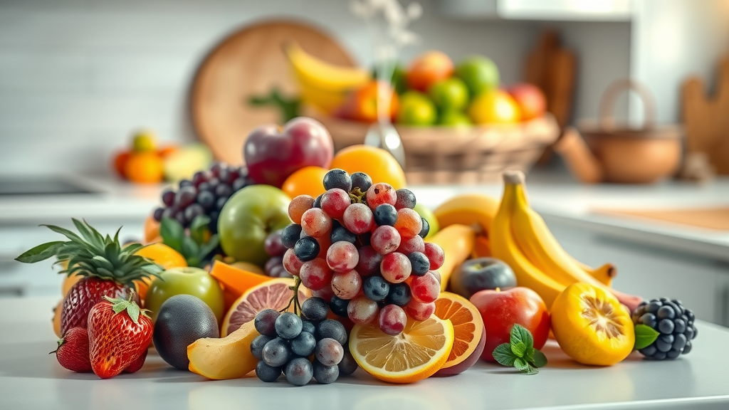 Assortment of fruits for acid reflux, with grapes featured. Low-acid fruit options, perfect for acid reflux relief.