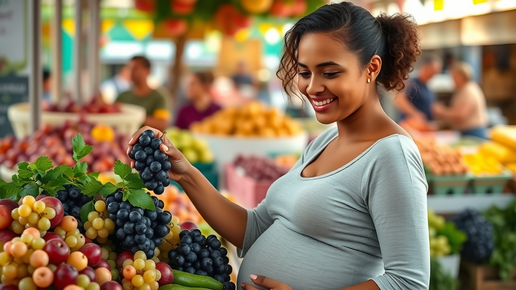 Pregnant woman choosing grapes at market, making food choices for acid reflux. Healthy options during pregnancy.