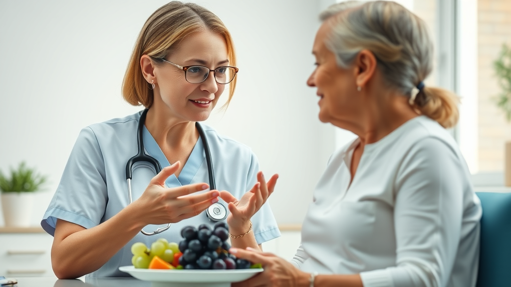 Dietitian offering advice to patient, plate of grapes with healthy sides. Tips to safely incorporate grapes for acid reflux.