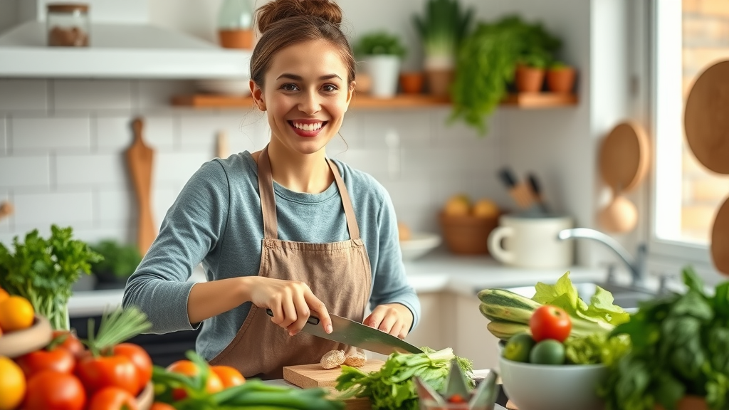 Inviting home kitchen with confident person preparing fresh vegetables for a low-carb diet for weight loss