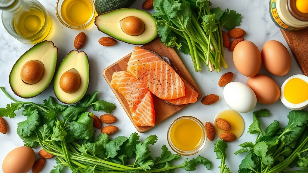 Arrangement of salmon, avocado, leafy greens, eggs, and nuts for low-carb diet weight loss