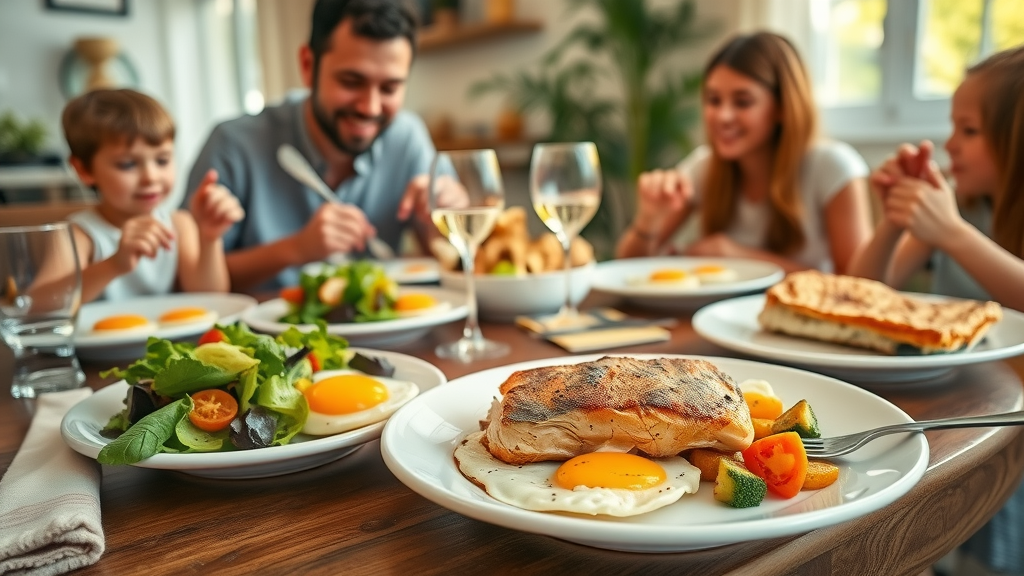 Low carb breakfast, lunch, and dinner featuring eggs, grilled chicken salad, and baked salmon for weight loss