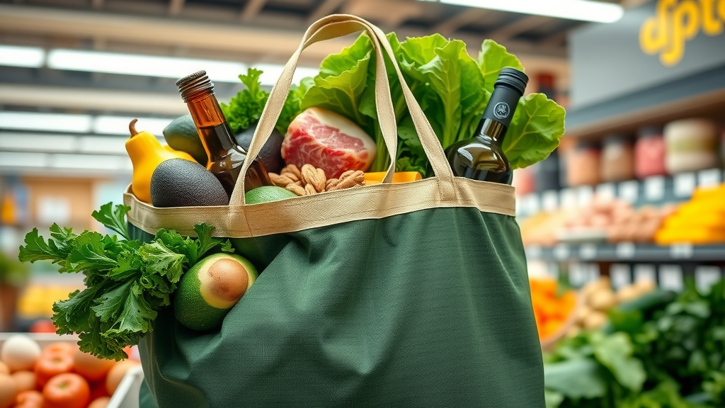 Grocery bag with leafy greens, avocados, meats, eggs, and healthy oils for low-carb diet for weight loss