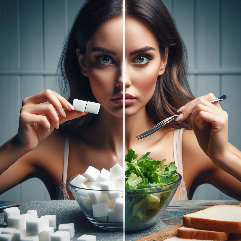 female split screen contrasting types of diets