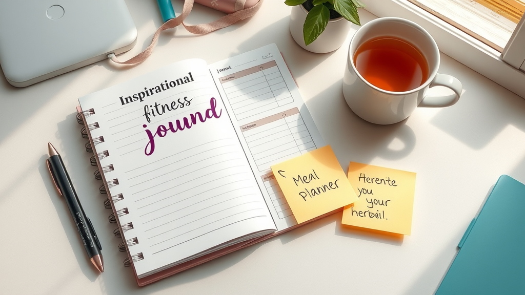 Fitness journal, meal planner, and herbal tea inspiring motivation for low carb eating and weight loss