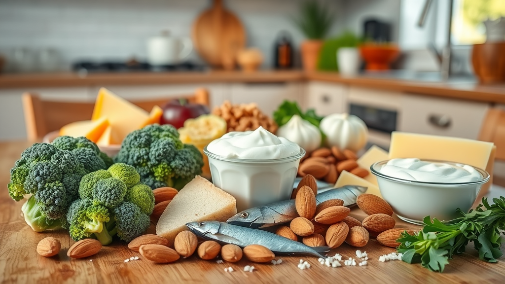 assortment of fresh calcium rich foods on kitchen table, showing sources of calcium for bone health