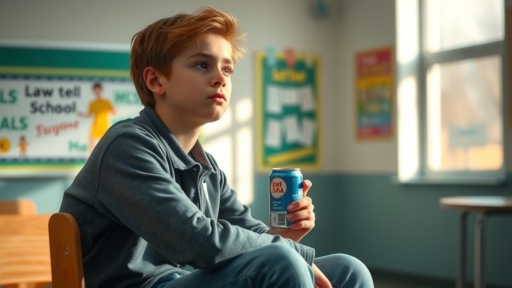 thoughtful adolescent sitting with non-alcoholic drink in classroom, does alcohol stunt growth context