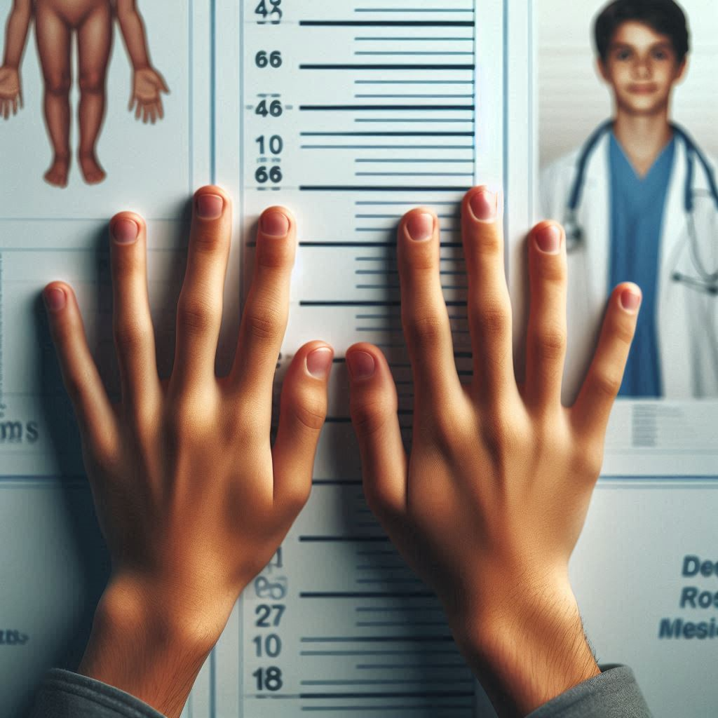 adolescent hands against meaurement chart in doctor exam room