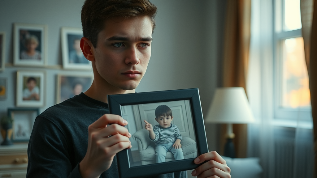 solemn young adult reflecting on childhood growth photo, highlighting impact of underage heavy alcohol use