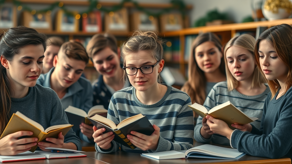 group of teenagers in library, some studying and some distracted by party scenes, showing social and academic effects of underage alcohol use