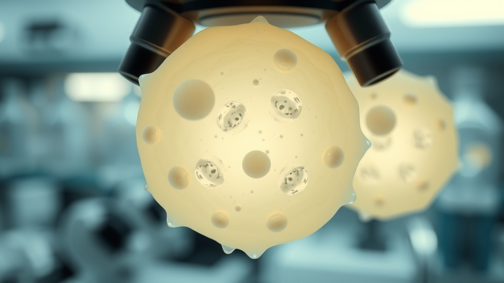 Close-up scientific image of white fat cells under a microscope, showing highly detailed structures and lipid droplets, in a laboratory setting