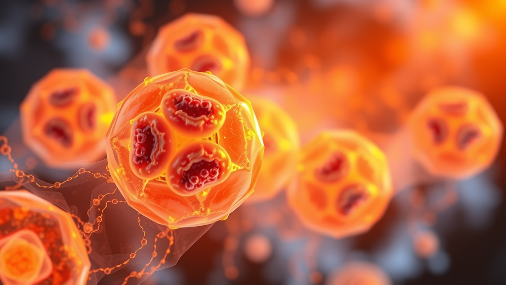 Dynamic visualization of brown fat cells radiating heat and energy, showing orange and blue swirls and glowing mitochondria to illustrate thermogenesis in brown adipose tissue