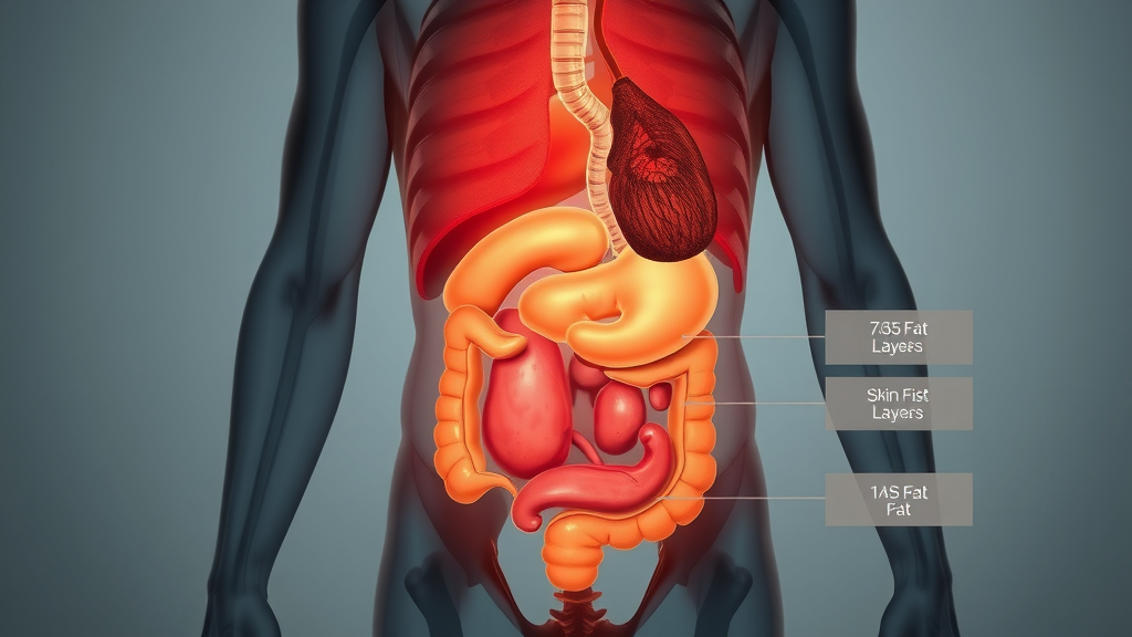 Cutaway medical image showing the location of visceral fat around organs and subcutaneous fat just under the skin, highlighting differences between types of human body fat cells