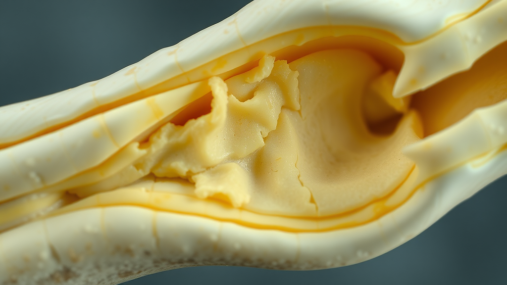Macro shot of bone cross-section showing yellow bone marrow fat, illustrating the variety of adipose tissue and types of human body fat cells