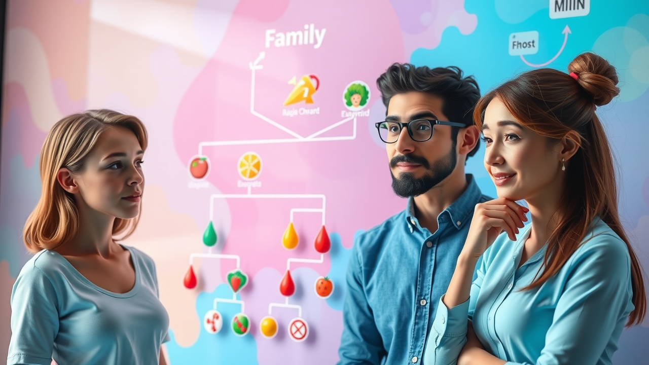 Colorful, artistic depiction of a family tree chart with genetic lines, lifestyle and hormone icons, showing how types of human body fat cells are influenced by genetics and lifestyle choices