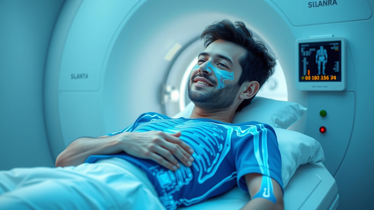 Photorealistic image of a patient undergoing a body scan to identify types of human body fat cells, with medical imaging overlays and scan visuals