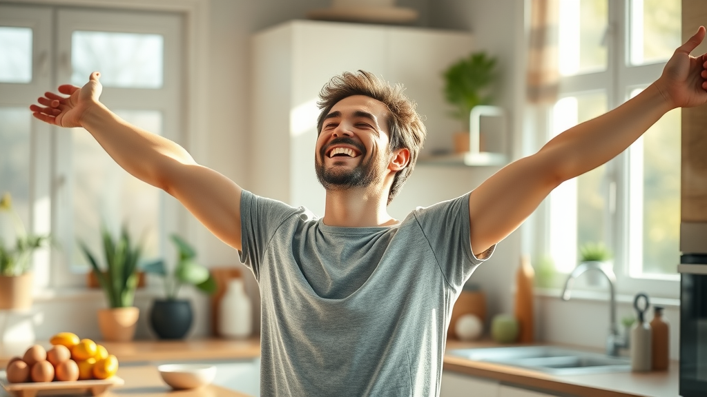 Uplifting energetic adult enjoying a high energy morning in a sunlit kitchen with fresh fruits and eggs on the countertop. low carb diet inspiration photo