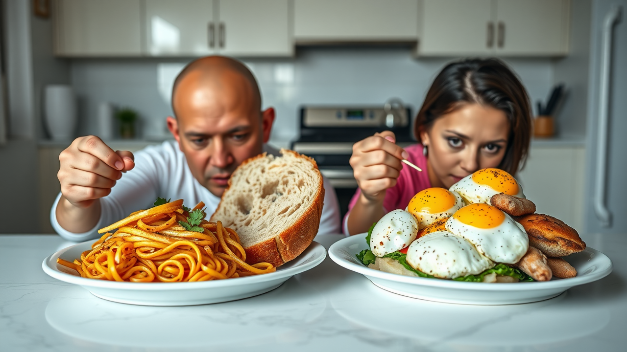 Plate comparison: carb diet with pasta and bread vs. keto diet with eggs, avocado, and chicken. low carb vs keto food photo