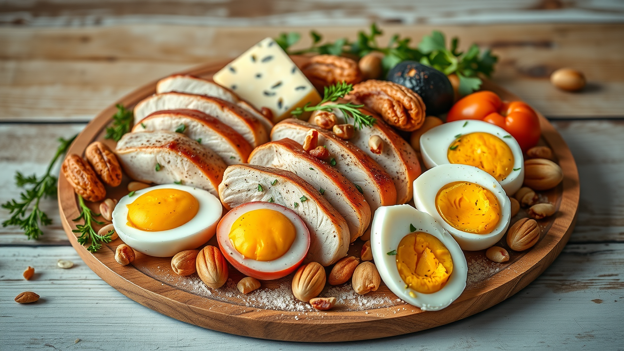 Appetizing high protein platter with chicken, eggs, cheese and nuts for a low carb meal plan.