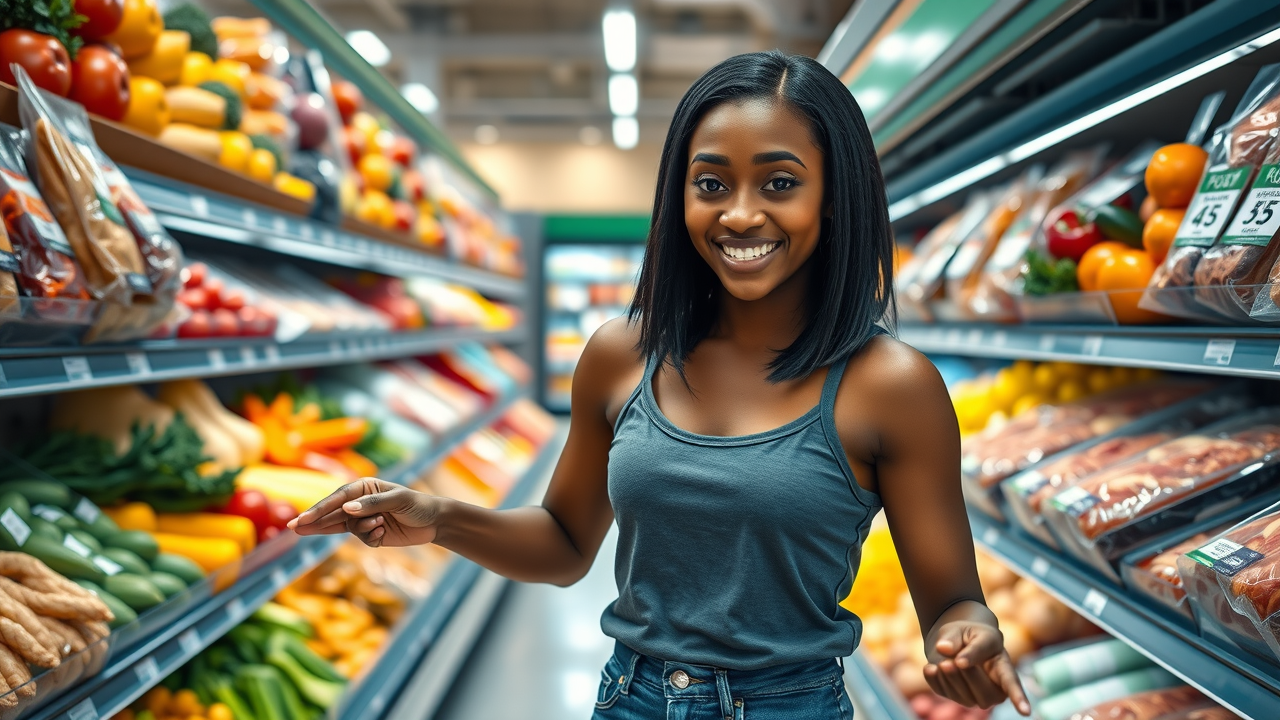 Motivated beginner confidently selecting fresh produce and proteins at a grocery store for a low carb diet.