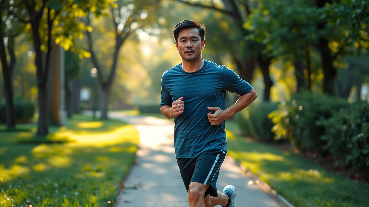 Dedicated adult jogging in a scenic park, adjusting to a low carb diet with new found energy.