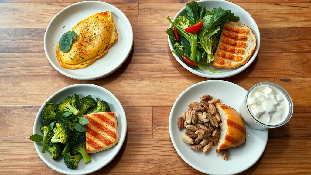 Organized low carb meal plan showing breakfast omelet, grilled salmon salad, roasted chicken with broccoli, and snacks of nuts and Greek yogurt.