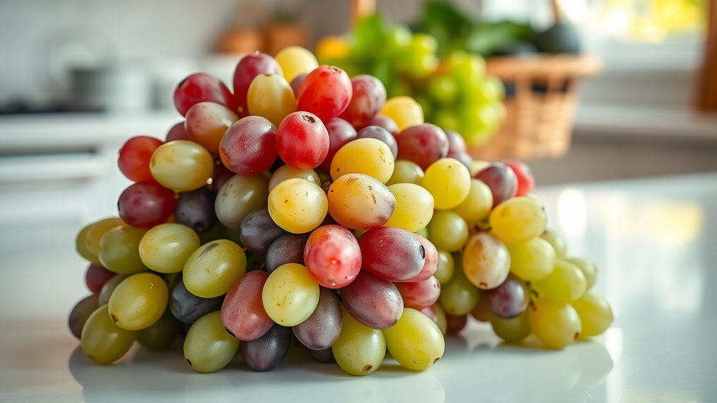 Bowl of fresh green and red grapes, low FODMAP fruit on white kitchen countertop