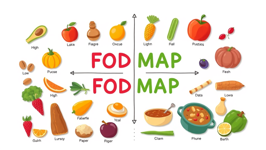 Infographic with low FODMAP fruits including grapes and high FODMAP foods for educational reference