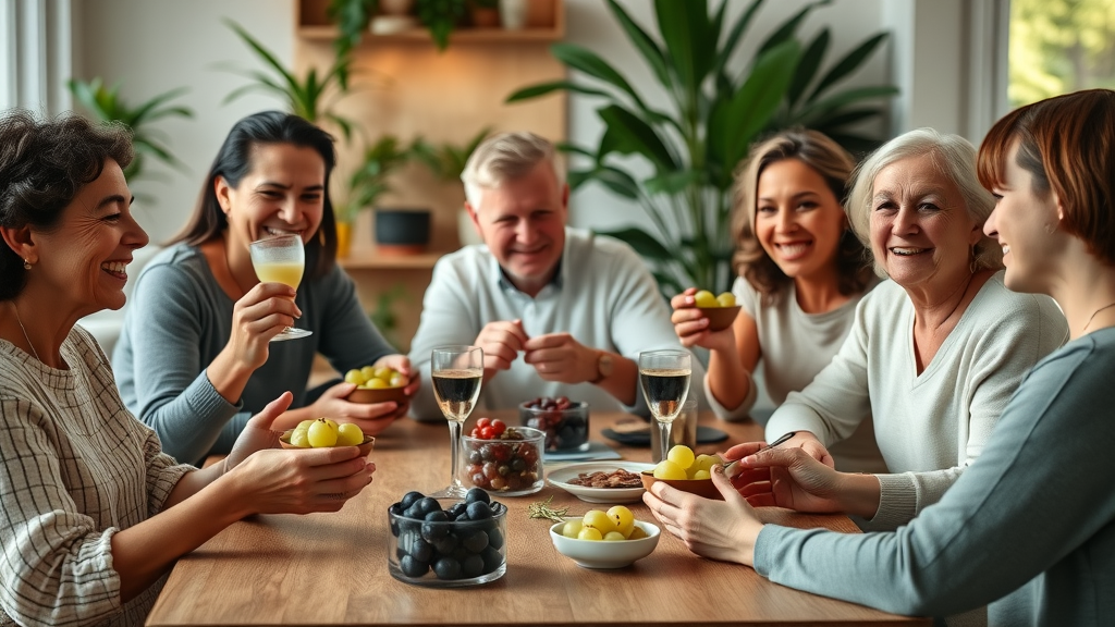 Adults enjoying grapes in a group setting, IBS sufferers eating low FODMAP snacks
