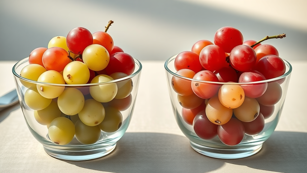 Green grapes and red grapes low FODMAP comparison in separate bowls