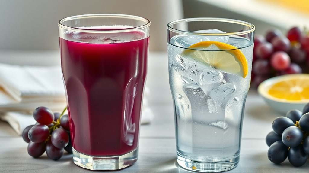 Side-by-side comparison of grape juice and sparkling water for low FODMAP diet options
