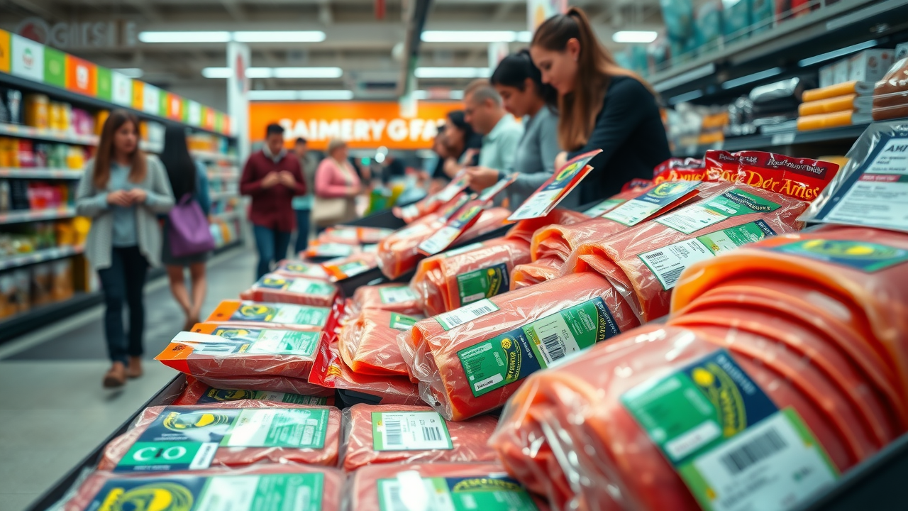 Photorealistic close-up of deli meats with visible freshness, sodium nitrite as a food additive in processed meat products highlighted, supermarket aisle background