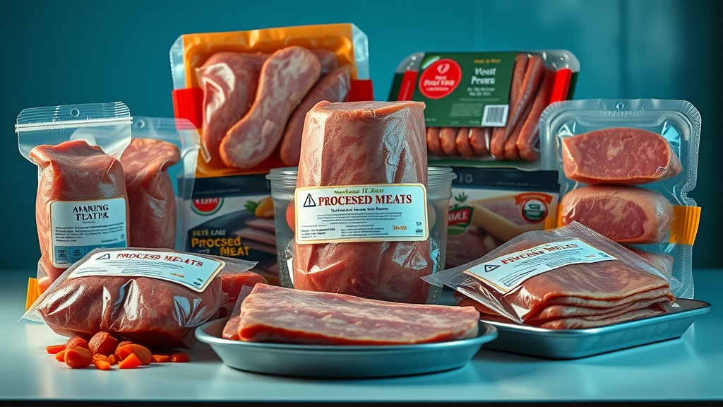 Detailed view of processed meat products with visible sodium nitrite as ingredient, photorealistic, food additive and health concern visualized