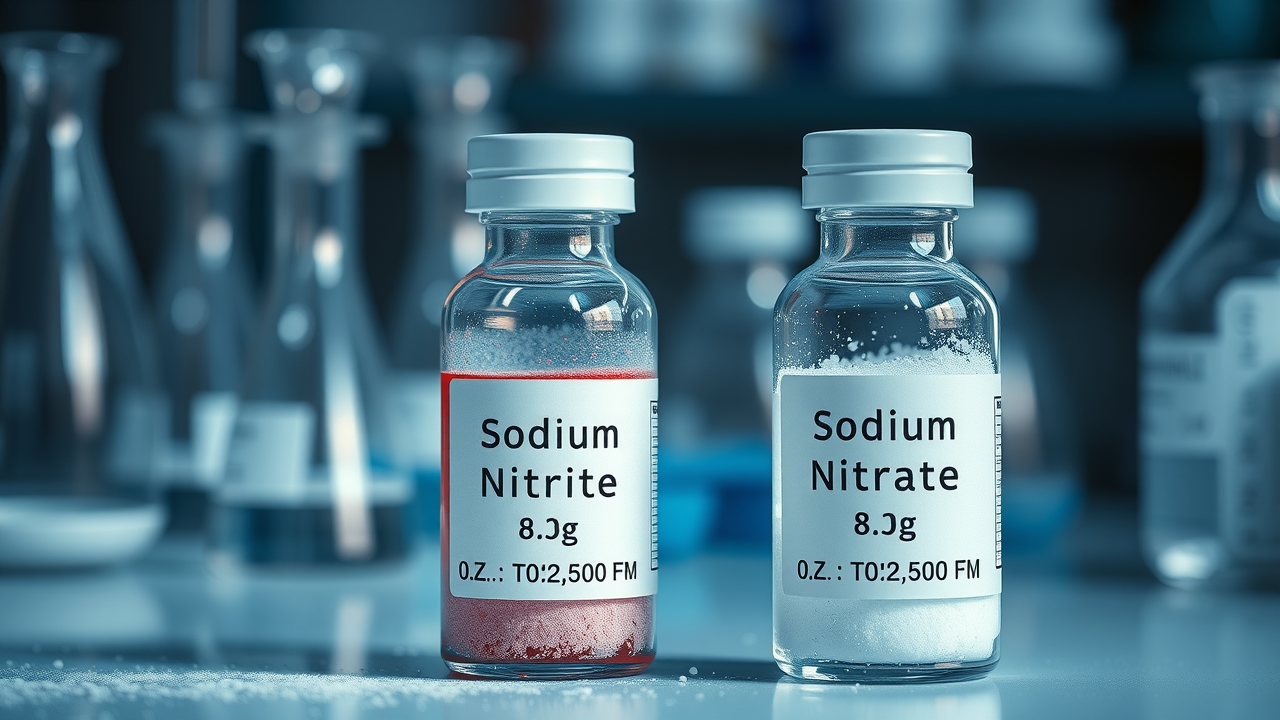 Labeled vials containing sodium nitrite and sodium nitrate, highlighting their use as food additives in laboratory setting