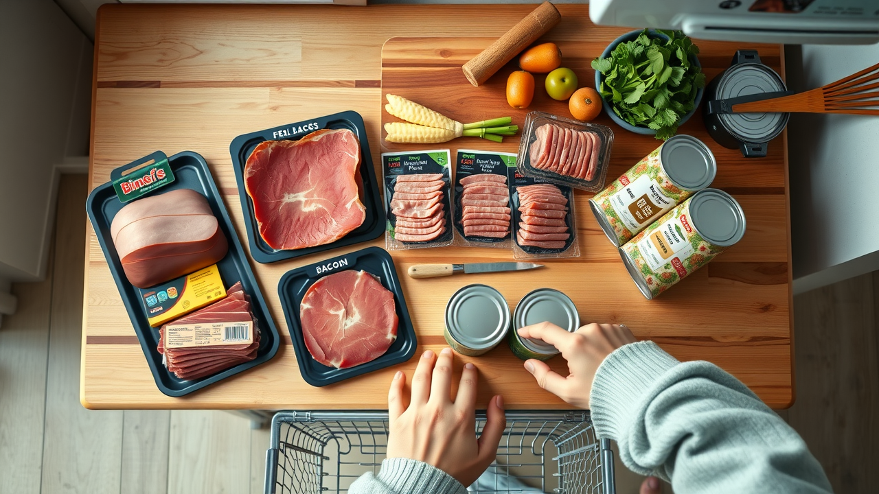 Kitchen counter top displaying processed meats including deli meats, bacon, and canned meats, with shopper reading food additive labels for sodium nitrite