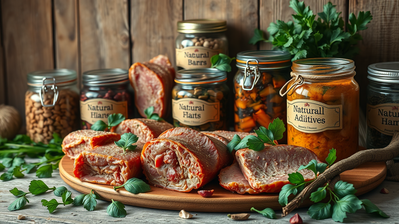 Naturally preserved meats with herbs and natural additives, highlighting non-nitrite preservatives in meat products