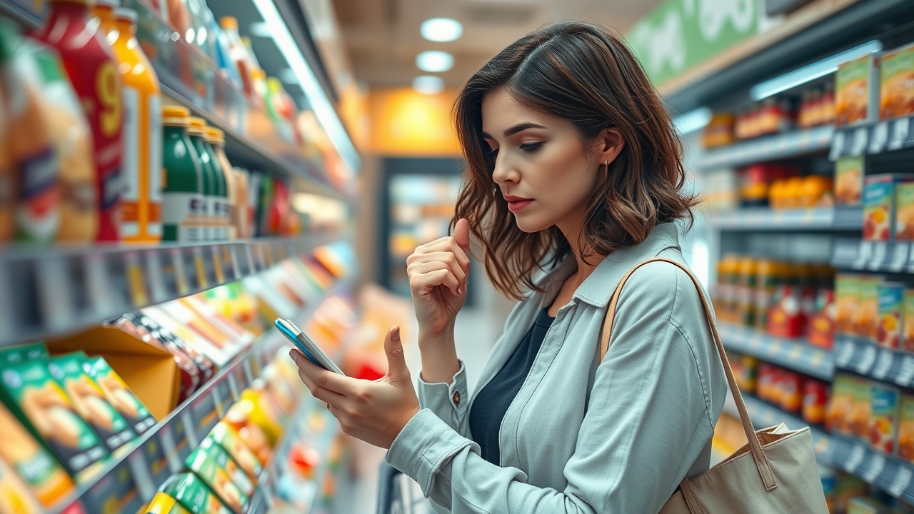 Consumer examining processed meat product labels for sodium nitrite and food additives in grocery store