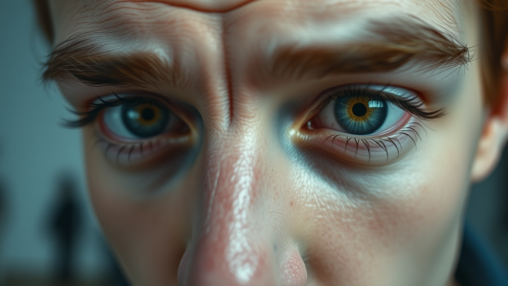 Eye movement abnormalities closeup, showing signs of wet brain with misaligned eyes and subtle movement issues