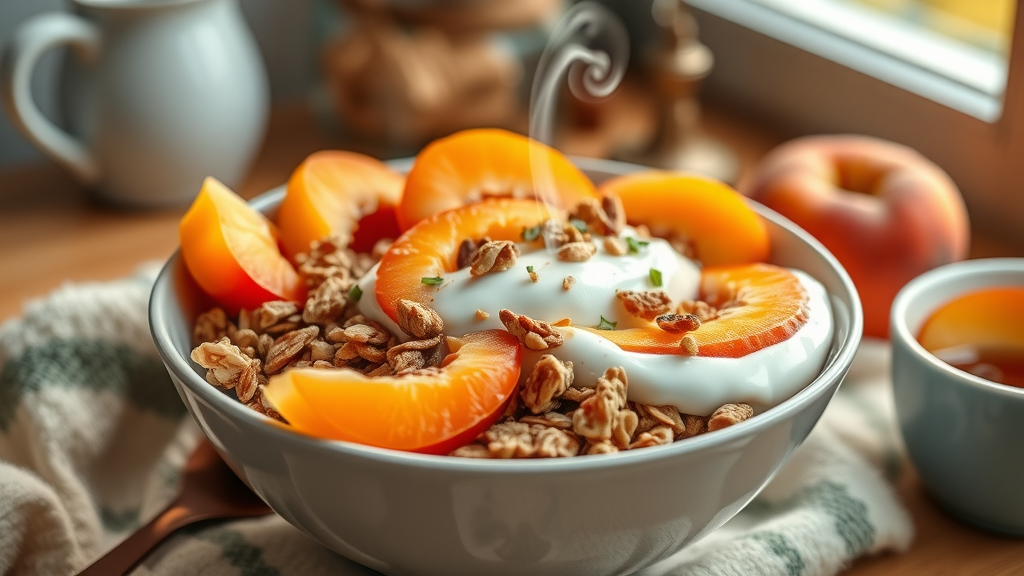 colorful breakfast bowl featuring sliced apricots, granola, yogurt--ideal for gut health