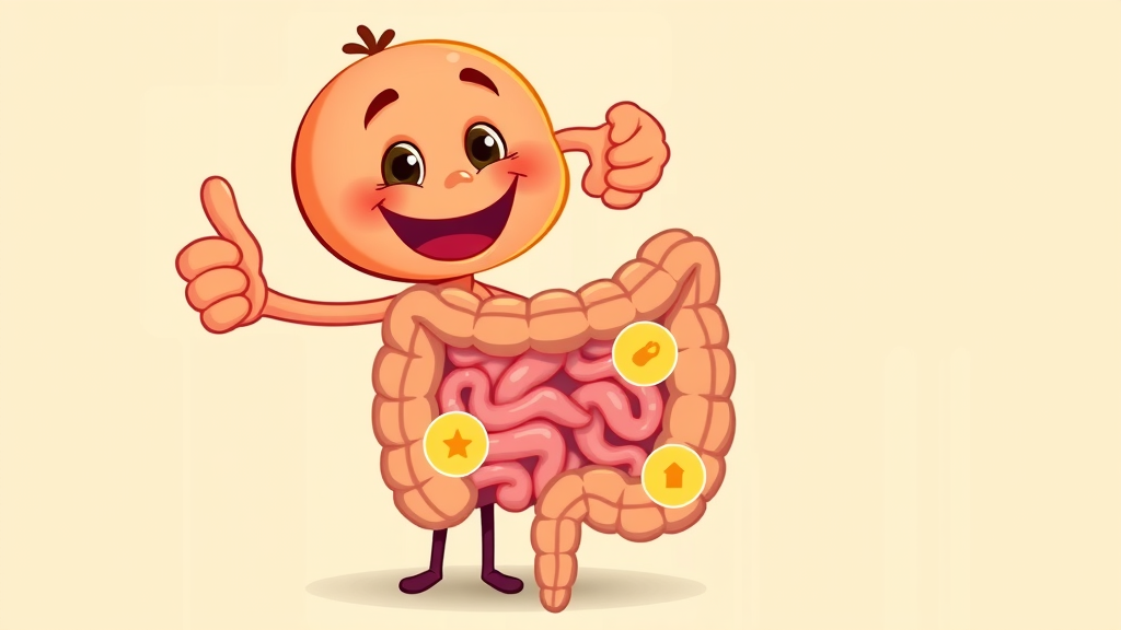 cartoon apricot character thumbs up to healthy digestive system illustration--supporting gut health