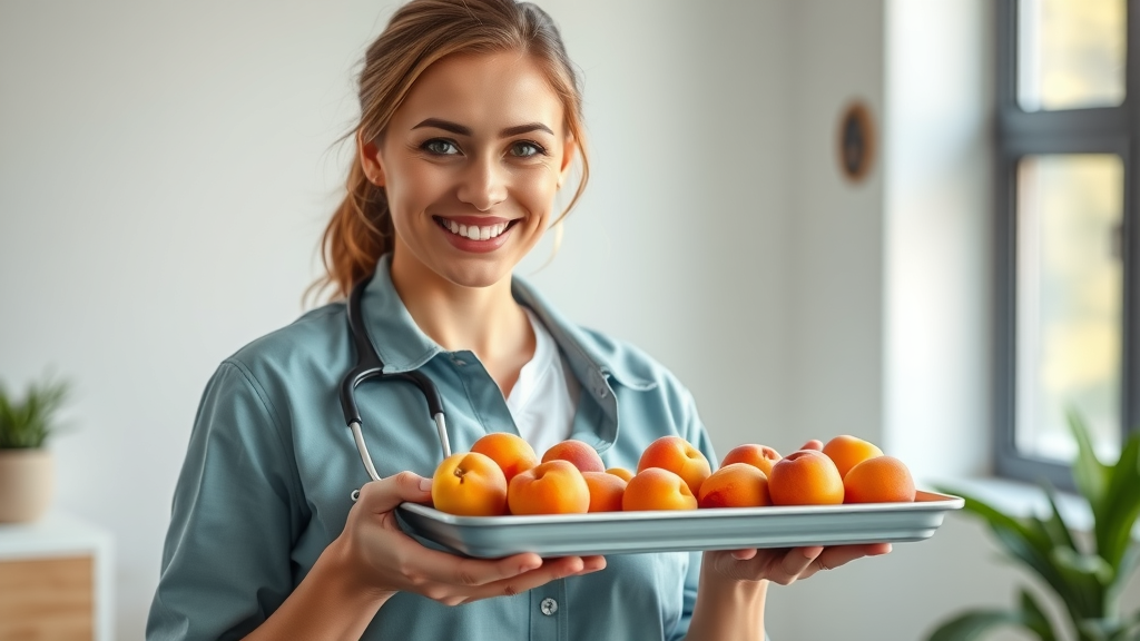 professional nutritionist displaying tray of fresh apricots, highlighting digestive health benefits