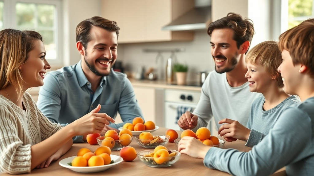 family enjoying apricot-based meal together, highlighting joy in healthy eating and digestive benefits