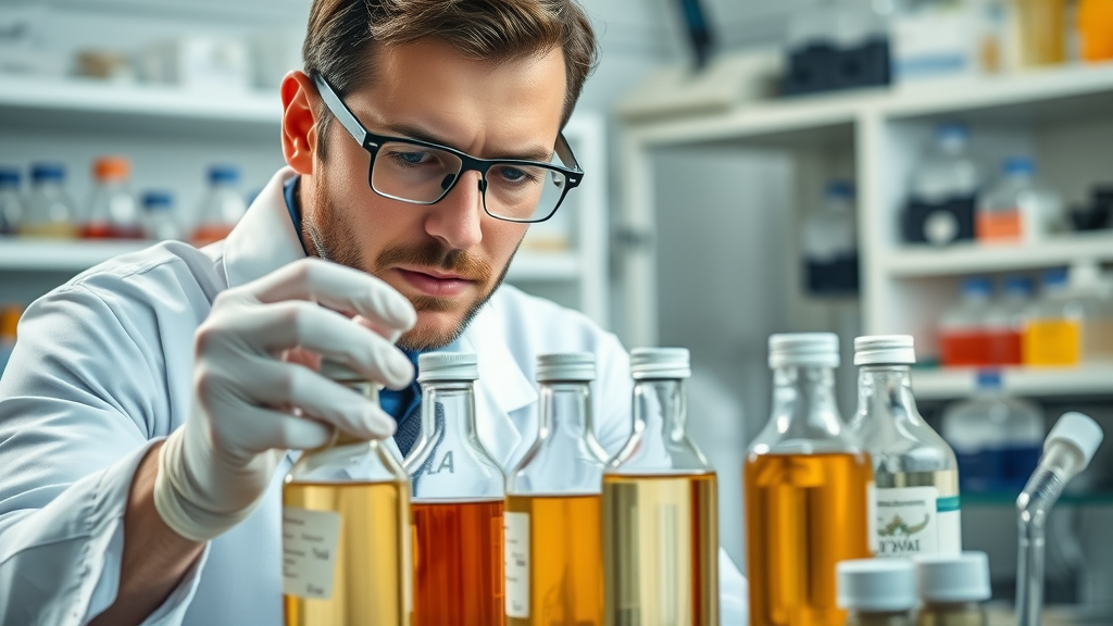 Researcher studying high fructose corn syrup samples in a scientific laboratory setting