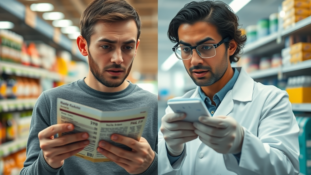 Consumer reading product label contrasted with scientist reviewing scientific test data on high fructose corn syrup