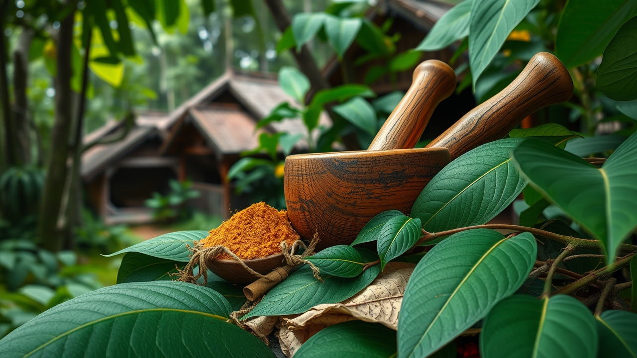 Traditional preparation of herbal supplement kratom leaves with mortar and pestle in a Southeast Asian forest village, showing kratom powder and vibrant natural setting.
