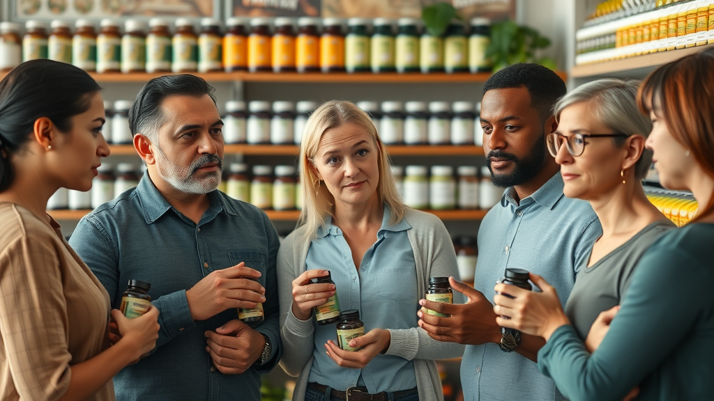 Diverse group discusses kratom products at health food store, shelves displaying various herbal supplement kratom forms, reflecting wellness market trends.