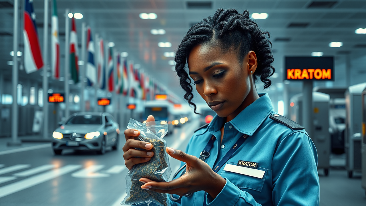 Customs officer inspects kratom products at border crossing, showing international regulation of herbal supplement kratom with travel and security equipment in view.
