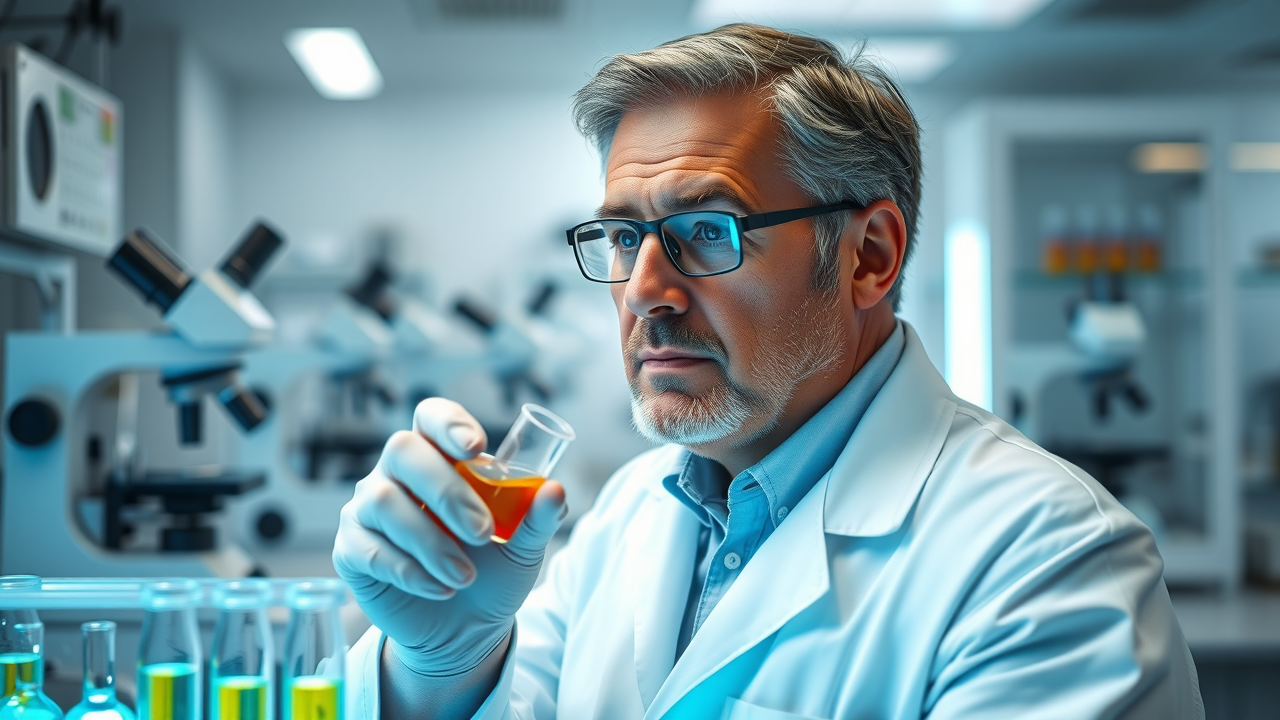 Scientist in laboratory lab testing kratom supplement samples for purity using scientific equipment and microscopes for quality control.