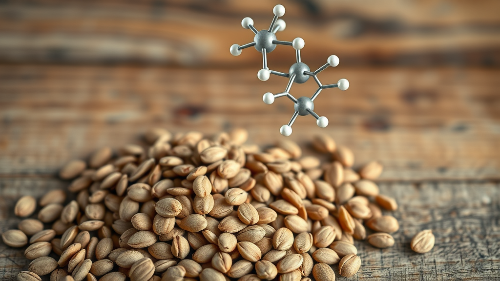 Macro view of flaxseeds and phytoestrogen molecules, showing the hormone influence of flaxseed