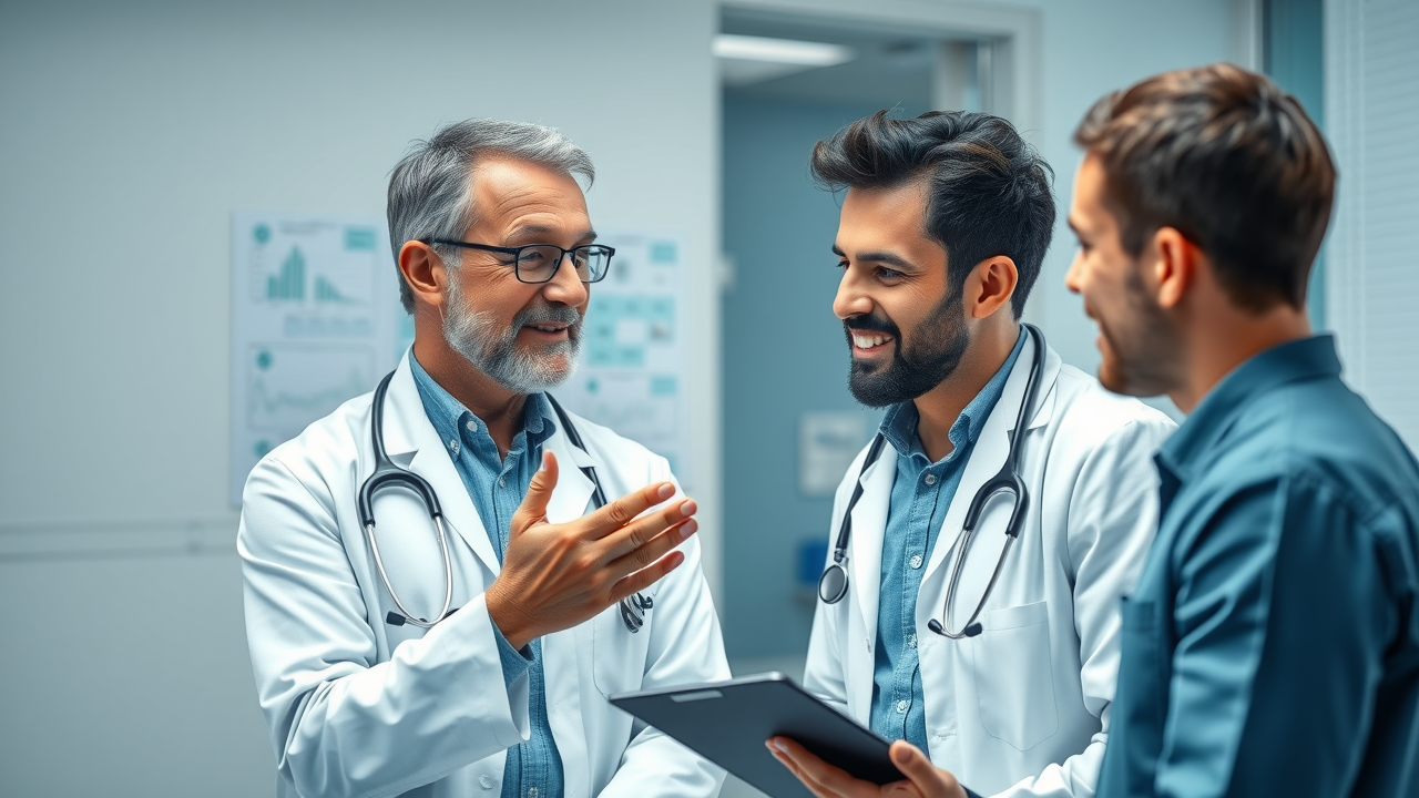 Healthcare professional advising a male patient on flaxseed and hormone health